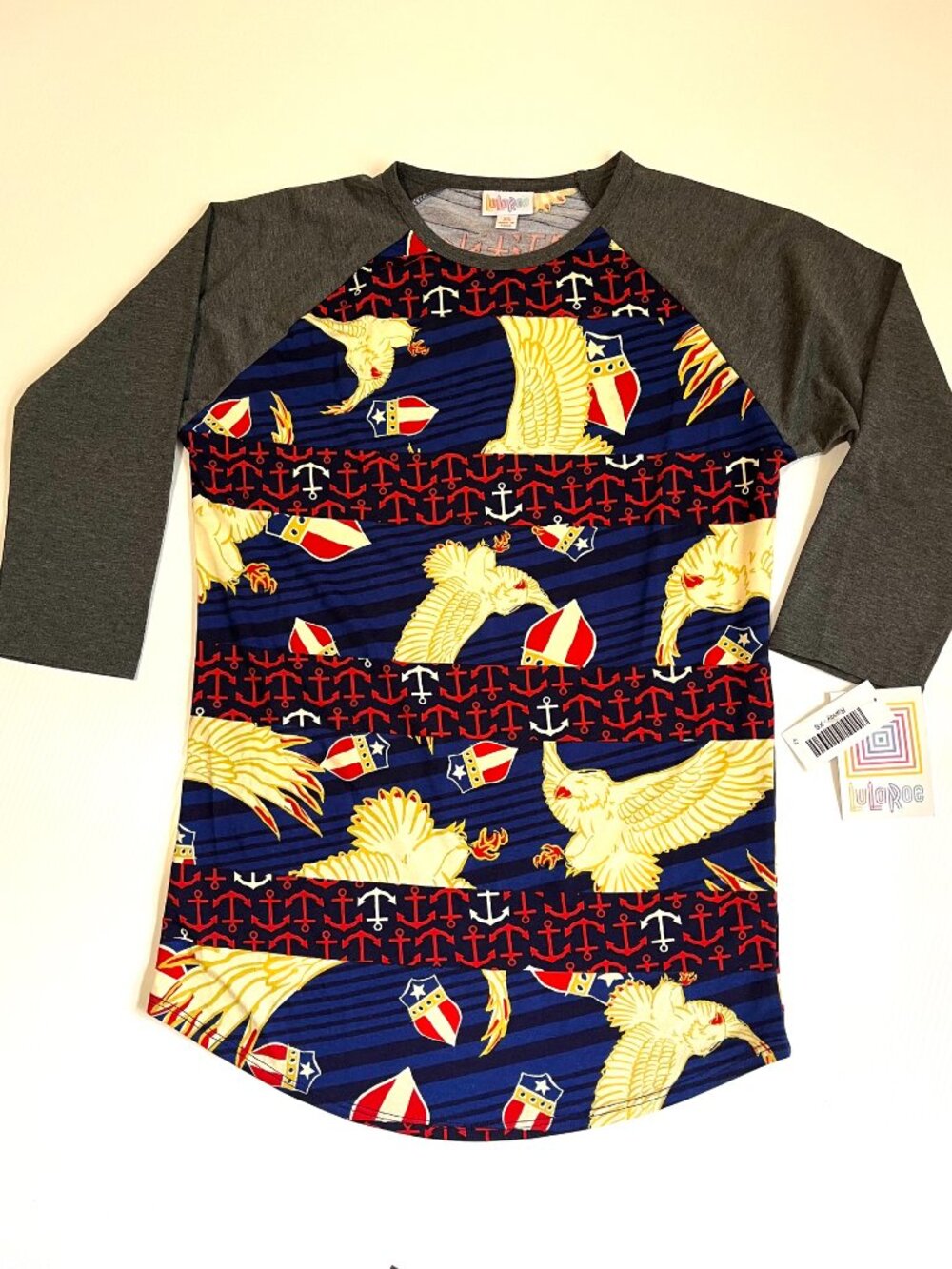 LulaRoe Randy Eagles Anchors Gray 3/4 sleeve shirt Sz XS NWT